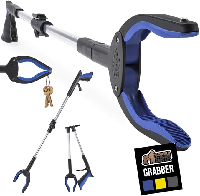 GORILLA GRIP Strong Rubber Lined Claw Grabber, Ergonomic Anti-Slip Reacher Tool for Seniors, 360 Magnetic Rotating Head Reaching Pick Up Stick, Foldable Trash Picker, Handicap Gripper, Blue