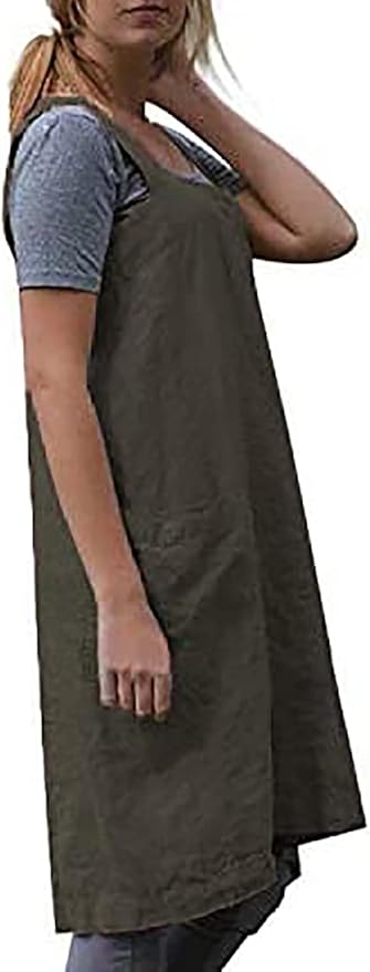 Women's Pinafore Apron Cross Back Apron with Pockets Cotton Linen Apron Dress Plus Size