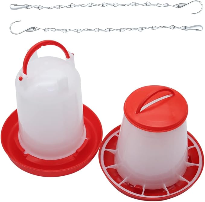Chicken Feeder and Waterer Kit -1.5KG Poultry Chick Feeder and 1.5L Chicken Waterer with 2pcs “S” Hooks,Plastic Hanging Poultry Quail Feeder and Waterer Set for Coop
