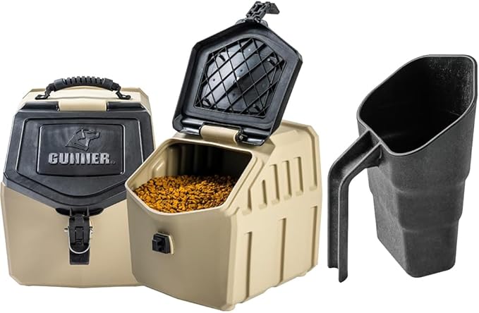 GUNNER 30 lbs Tan Dog Food Storage Container with Measuring Scoop – Waterproof & Airtight Pet Food Bin for Dry Food, Corn, Chicken Feed, Bird Seed & Treats – 3 Cup Ergonomic Scooper with Markers