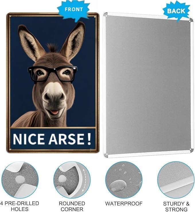 Funny Donkey Bathroom Sign – Farm-Style Humorous Tin Plaque for Restroom or Toilet – Metal Wall Decor for Home or Farmhouse – Ideal Gag Gift – 8x12 Inc