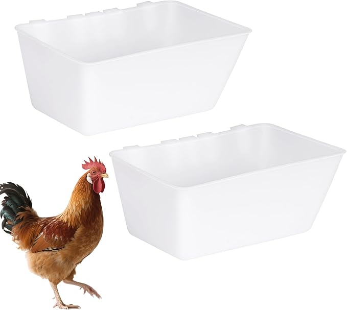 2 Pack Chicken Feeder Waterer,2.5 Quart Hanging Chicken Feeder Trough with Hooks Versatile Feeding Container for Chicken Duck Goose Rabbit Duck Feeder Poultry and Livestock Water Trough（White）