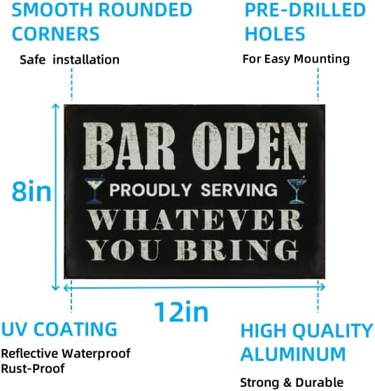 Vintage Bar Wall Decor Sign - 'Bar Open' for Home Bar, Club, Kitchen - Fun Gift for Beer Lovers, 8x12 Inch