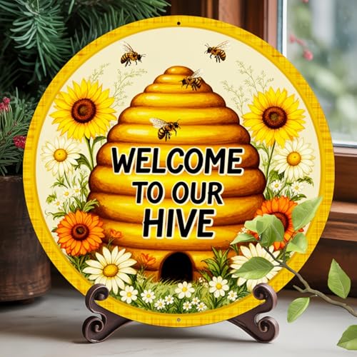 Welcome to Our Hive Round Aluminum Sign Retro Sunflowers Sign for Home Farmhouse Wall - 8x8 Inch - Image 3