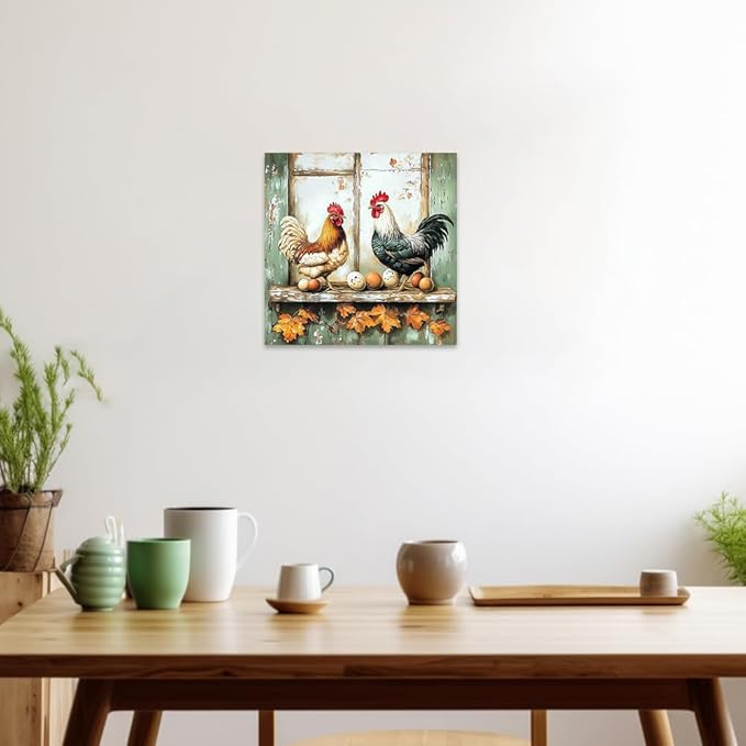 CCWORKERRY Chicken Kitchen Pictures Wall Art Rooster and Eggs Canvas Prints Farm Animals Wall Decor for Farmhouse Dining Room Decor Framed(Green,20" x 20")