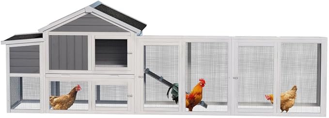 Large Wooden Chicken Coop for Outdoor Use with Run, Waterproof Roof, Anti-UV Protection, Removable Tray, and Nesting Box for 2-4 Hens (Gray + Wood)