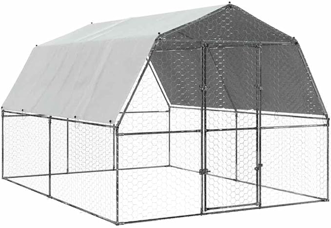 Walk-in Chicken Coop Silver 112.2 x 147.6 x 90.6 in Galvanized Steel Polyethylene Outdoor Hen Run Durable Weatherproof Poultry Cage for Backyard Farm Garden