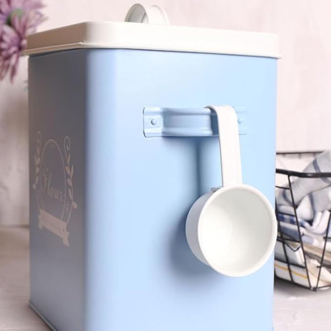Iron Rice Storage Box Blue Grain Container Kitchen Food Storage Organizer Sturdy Galvanized Metal Bread Bin for Household Pantry