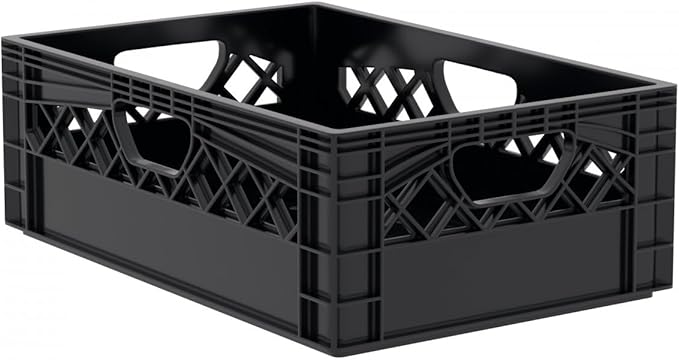 Farmplast Plastic Half Size Milk Crate, 24 Quart Storage Container, Black, Industrial Grade Stackable Utility Box