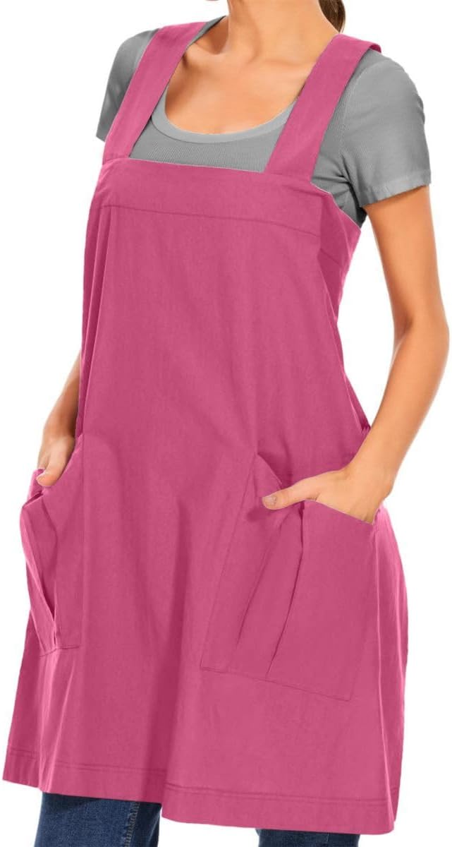 Larmliss Women's Cotton Cross Back Apron Pinafore Dress with Big Pockets Loose Square Apron for Baking Cooking Gardening