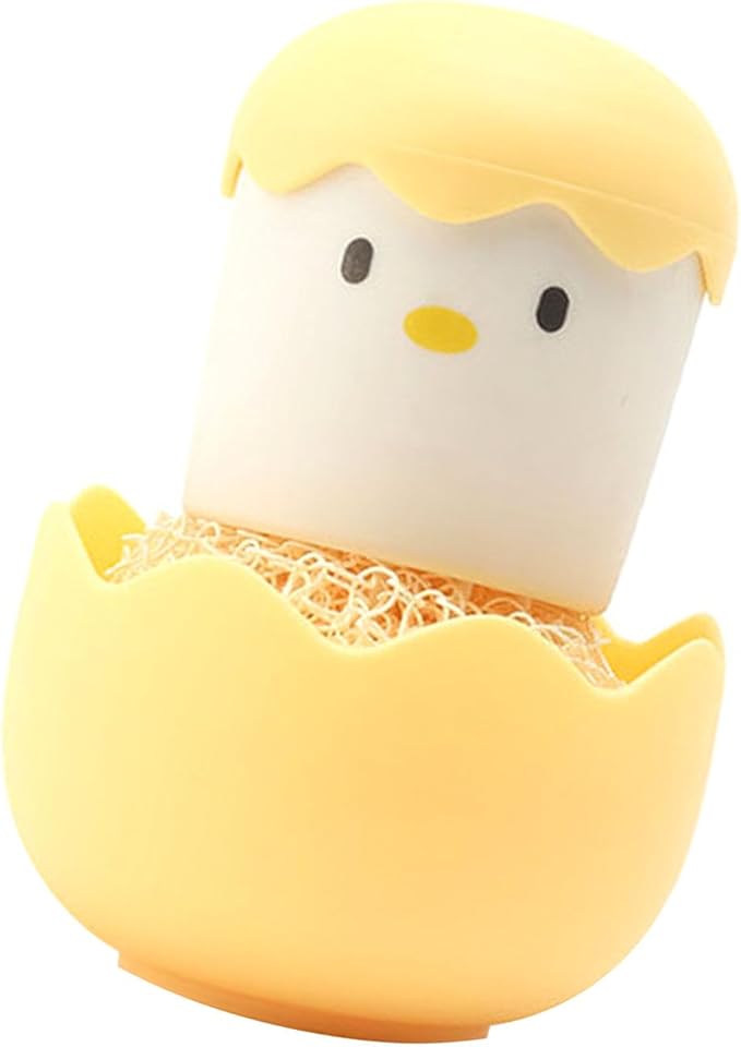 Eggshell Chicken Cleaning Brush Cartoon Kitchen Scrubber Fiber Ball Head Detachable Handle for Bowls Pots Dishwashing (Yellow)