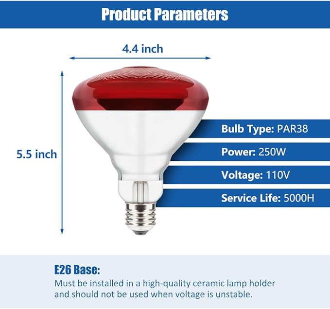 250W Heat Lamp Bulbs 1 Pack Infrared Heat Lamp for Chickens with E26 Socket and 5000 Hours Lifespan Heat Light Bulb for Pets Chicks Reptile Food Service Brooder Coop
