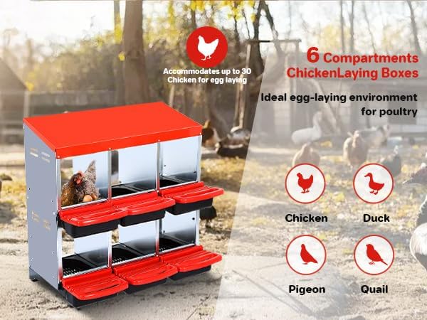 6 Compartments Metal Chicken Nesting Boxes, Roll Away Eggs Laying Boxes with Egg Tray, Removable Dropping Board & Lockable Lid, Easy Clean Hen Laying Box for Poultry Coop and Farm Use