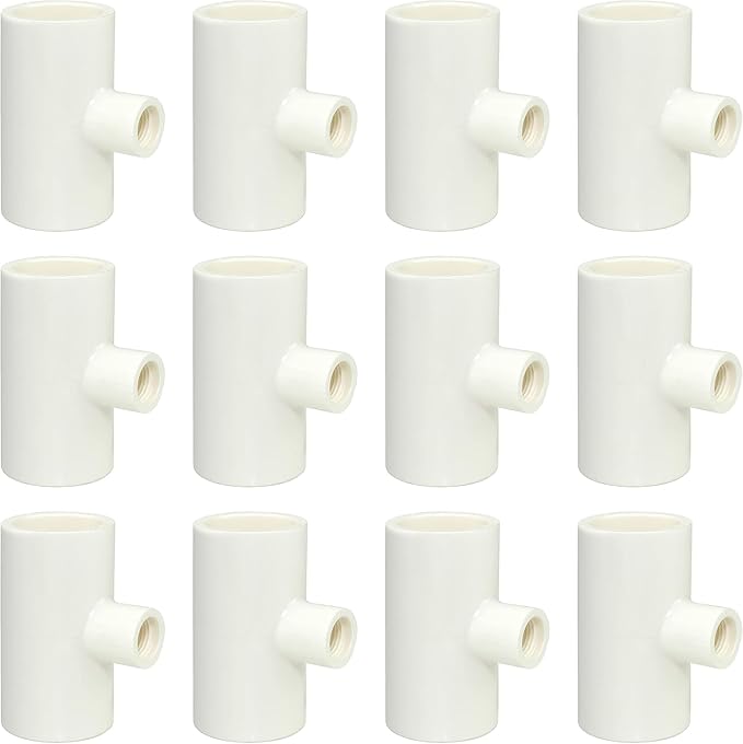 (12 Pack) Chicken Waterer PVC Tee Fittings For Threaded Poultry Watering Cups - Schedule 40 PVC 1/2 inch Slip X 1/2 inch Slip X 1/8 inch FPT