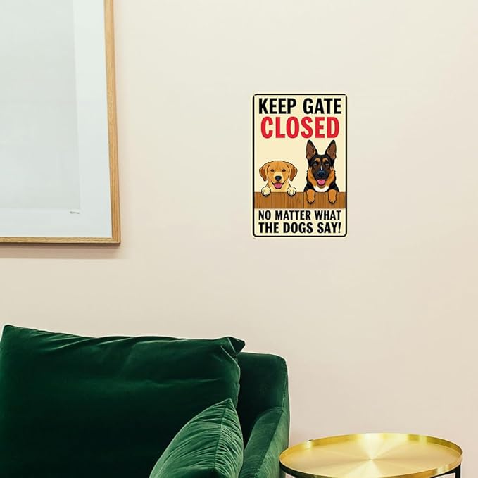Keep Gate Closed Sign - Funny Dog Metal Tin Sign - 8 x 12 Inches - Wall Decor