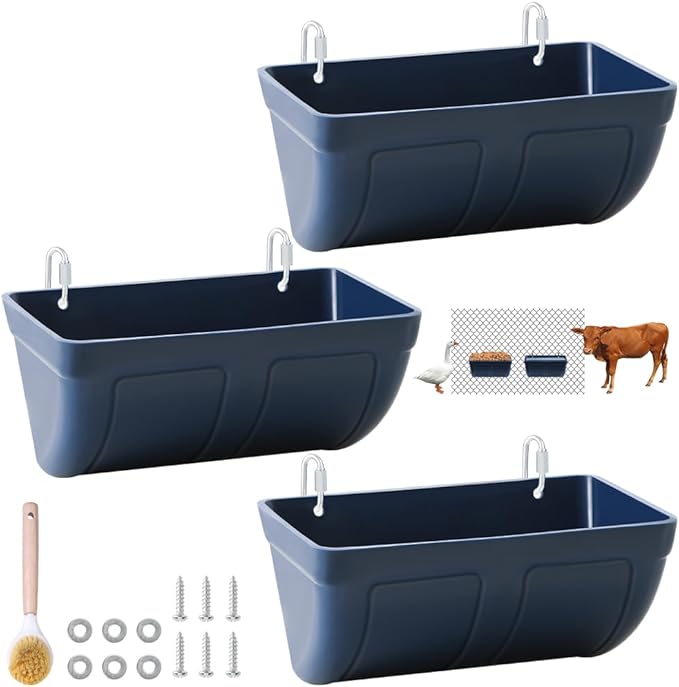Hanging Chicken Feeder Trough for Goat Sheep Deer Poultry Duck Chicken Fence Feeder Livestock Feeding Container Goats Supplies Feeders Waterer Bucket, 3pack Blue