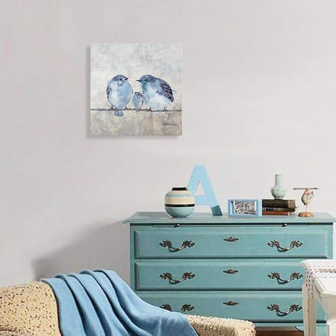 Woxfcart Blue Bird Canvas Wall Art, Cute Lovebird Pictures for Gray Home Bathroom Bedroom Children's Room Decoration,13.5 x 13.5 Inch