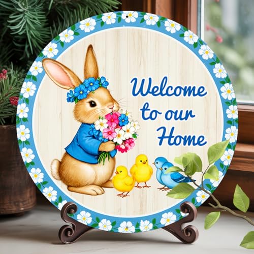 Welcome to Our Home Round Aluminum Metal Sign Retro Bunny with Blue Flowers Chicks Sign - 8x8 Inch - Image 3