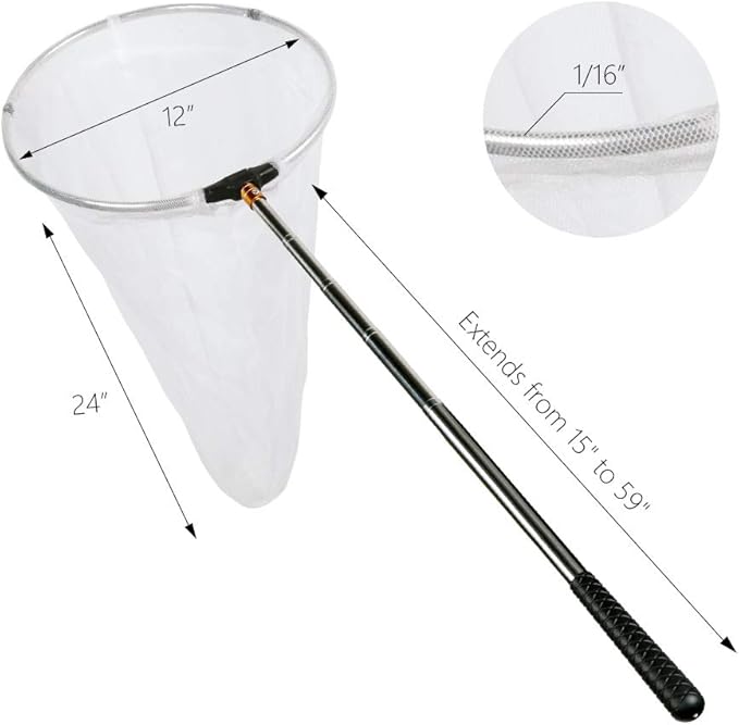 RESTCLOUD Insect and Butterfly Net with 12" Ring, 24" Net Depth, Handle Extends to 59 Inches for Adults and Kids (12" Ring, 59" Handle)
