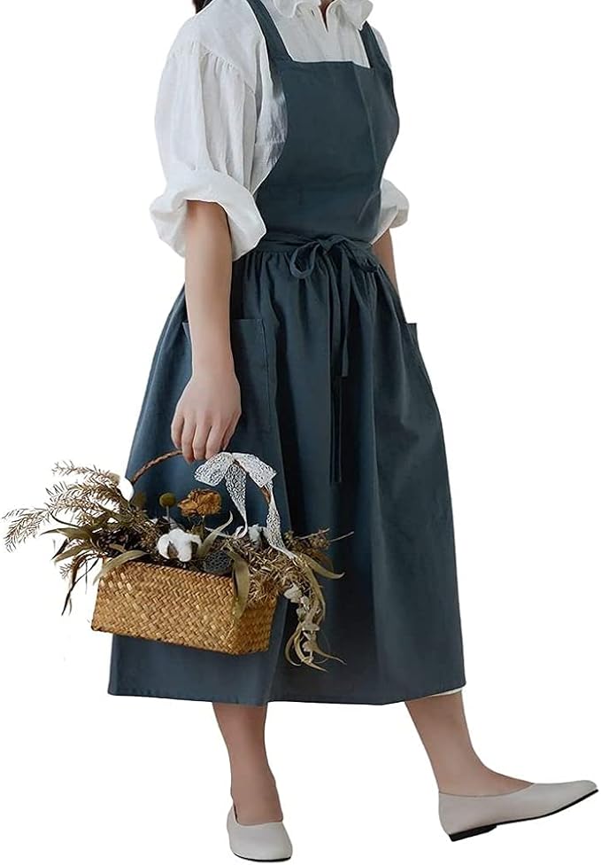 Cotton and linen Kitchen Cooking Aprons Dress for Women with Pockets Cute for Baking Painting Gardening Cleaning