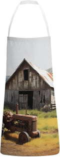 Old Wooden Barn Tractor Apron For Men Women, Adjustable Kitchen Aprons Adult Size Chef Bib Apron For Cooking Grilling Painting Gardening