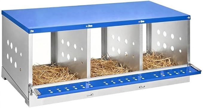 Metal Chicken Nesting Boxes - 3 Hole Wall-Mountable Laying Boxes with Roll-Away Egg Collection, Weatherproof Galvanized Steel, for Chicken Coop, Blue