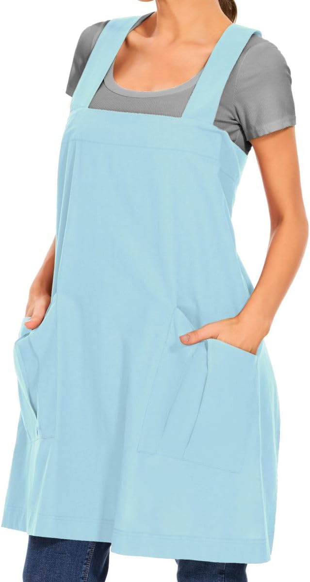 Larmliss Women's Cotton Cross Back Apron Pinafore Dress with Big Pockets Loose Square Apron for Baking Cooking Gardening
