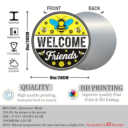 Welcome Friends Round Aluminum Metal Sign Retro Yellow Black Bees Flowers for Home Cafes - 8x8 Inch - Image 2