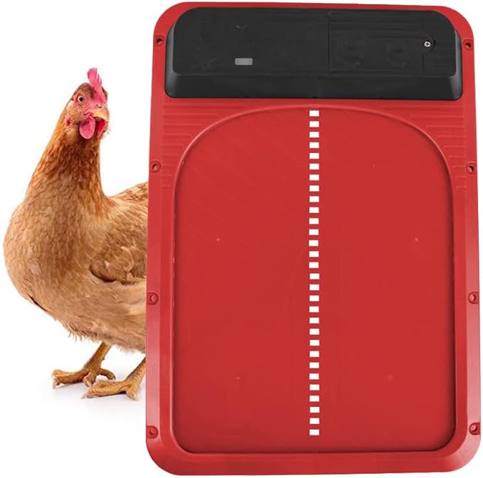 Automatic Chicken Coop Door Opener,Auto Chicken House Door with Light Sensor,Battery Powered Chicken Door for Small Poultry,Waterproof Electric Chicken Gate Opener for Safe Chicken Rearing (Red)