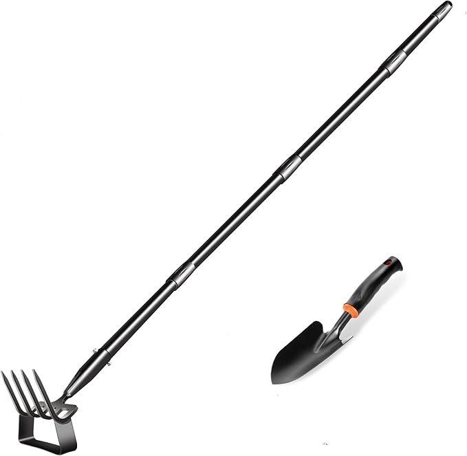 Hoe Garden Tools, 51Inch Gardening Tools for Weeding, Heavy Duty Stainless Steel 4 Tine Hand Garden Rake Cultivator, for Flower Beds, Patio, Garden Loosening Soil Weeding Digging