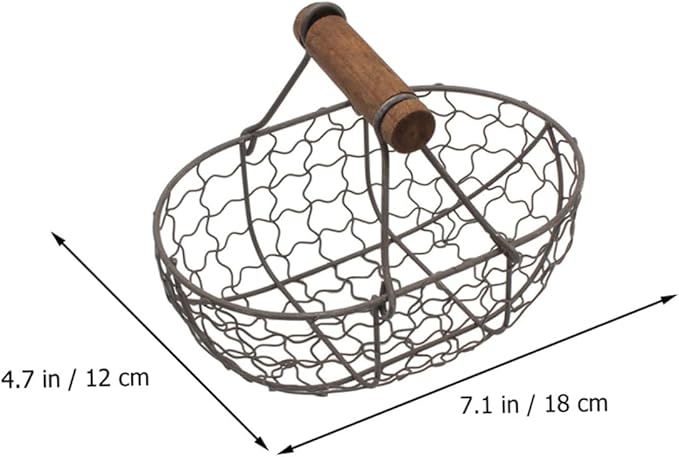 2pcs Small Iron Storage Basket with Wooden Handle, Farmhouse Style Metal Fruit and Egg Holder for Kitchen Countertop Organization, Vintage Rustic Wire Basket for Bread and Pantry