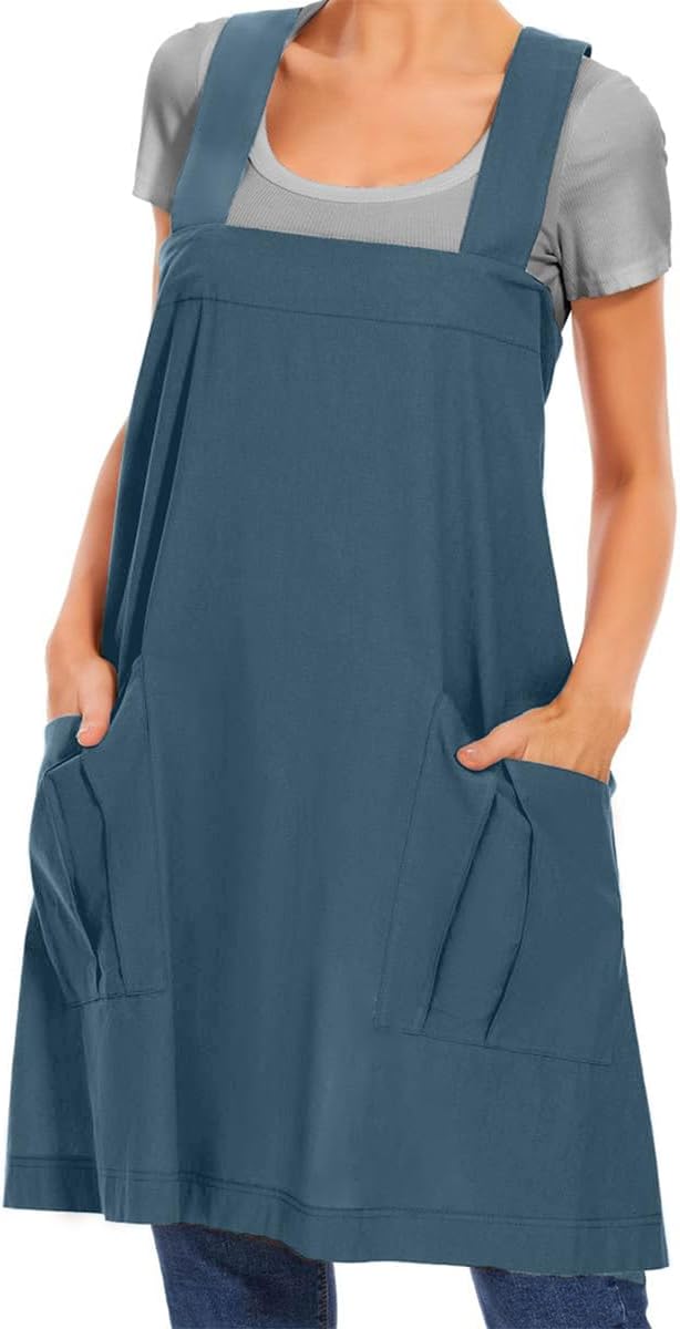 Larmliss Women's Cotton Cross Back Apron Pinafore Dress with Big Pockets Loose Square Apron for Baking Cooking Gardening