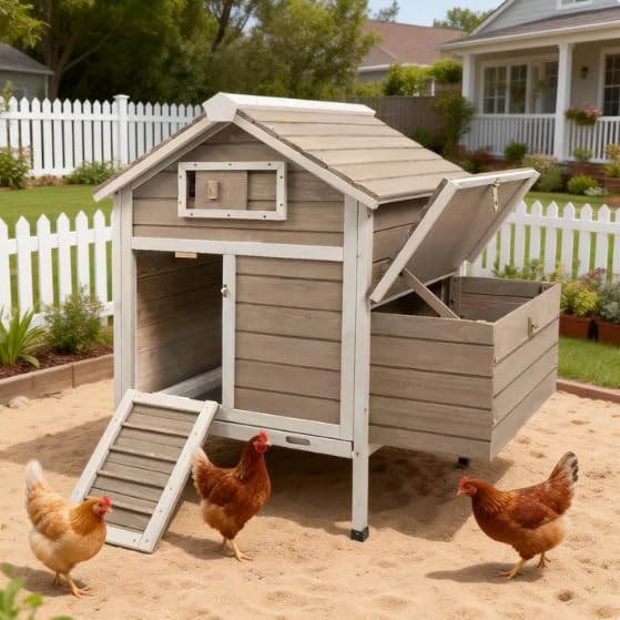 Chicken Coop Outdoor, Wooden Chicken House with 2 Nesting Boxs, Poultry Cage with Leak-Proof Pull-Out Tray, Lockable Ramp Door, Roosting Bars, Easy Assembly（36.2" L x 26" W x 38.3" H