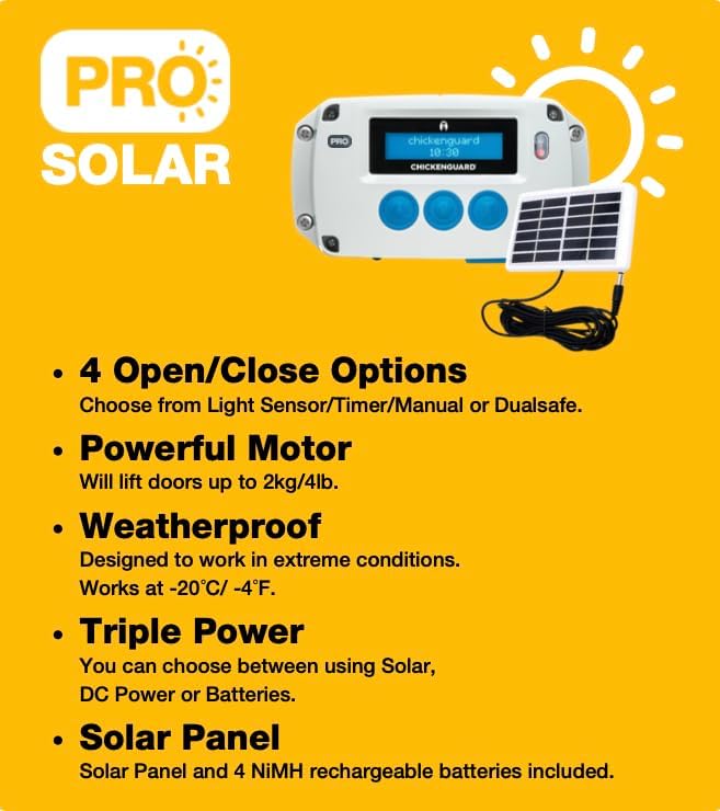 ChickenGuard Automatic Chicken Coop Door Opener, Power by Solar/Batteries/Electric. Strong Motor Lifts 2kg; Timer/Light Sensing; Motor Units only or Combination Kits (PRO + Solar Kit)