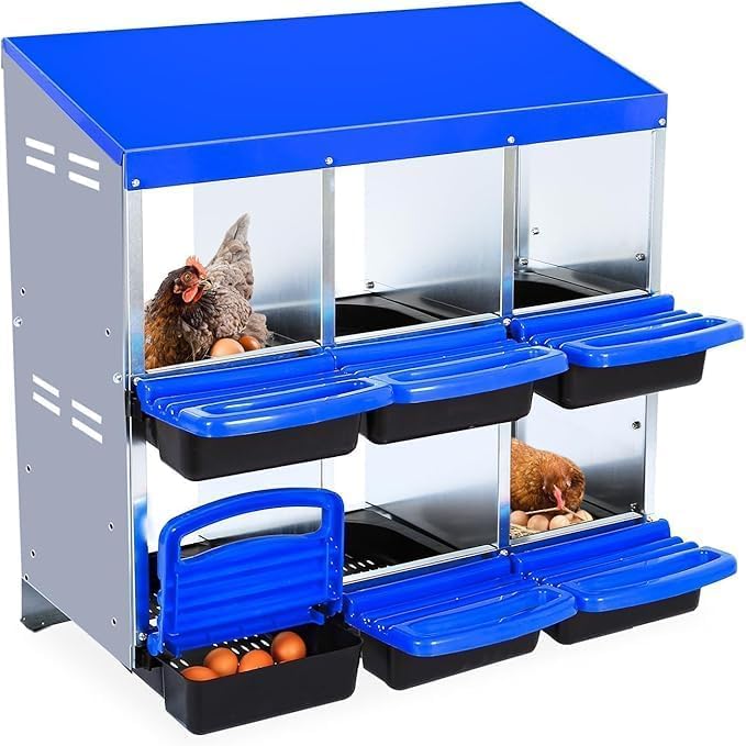 [6-Pack] Chicken Nesting Boxes for Hens - Galvanized Steel Wall Mount or Freestanding Chicken Nest, Removable Plastic Egg Tray & Ventilation Holes - Poultry Nesting Boxes for Egg Laying (Blue)