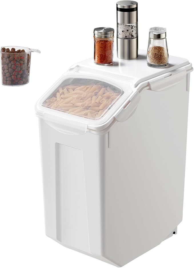 Happybuy Rice Storage Container, 4.5Gallon/20L Capacity Large Dog Food Dispenser Bin. Kitchen Ingredient Grain Cereal Flour Bin. Pet Food Container with Wheels, Measuring Cup, Airtight Lid. 1 Pack.