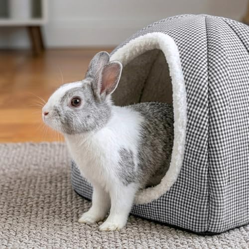 Rabbit Hideout Bed for Large Bunnies, Soft Plush Bunny House - Charcoal, Polyester - Image 6