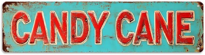 Vintage Style Christmas Street Decor 'Candy Cane' Metal Sign, 16x4 Inch - Distressed Finish Decorative Sign For Home, Porch, Garden, Garage, Cafe Wall/Gate Hanging Plaque, Christmas Decor