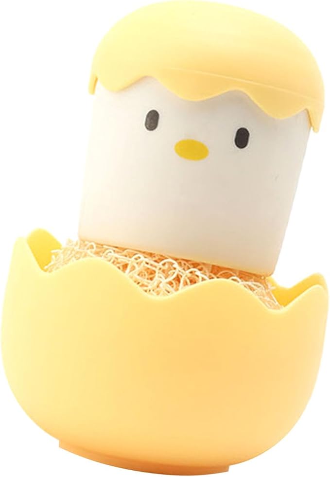 Eggshell Chicken Cleaning Brush Cartoon Kitchen Scrubber Fiber Ball Head Detachable Handle for Bowls Pots Dishwashing (Yellow)