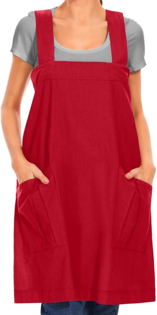 Larmliss Women's Cotton Cross Back Apron Pinafore Dress with Big Pockets Loose Square Apron for Baking Cooking Gardening