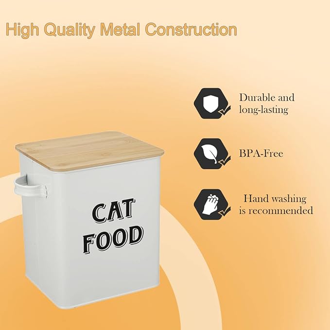 Pethiy Cat Food and Treats Containers Set with Scoop for Cats or Dogs -Tight Fitting Wood Lids - Coated Carbon Steel - Storage Canister Tins-Cat-White