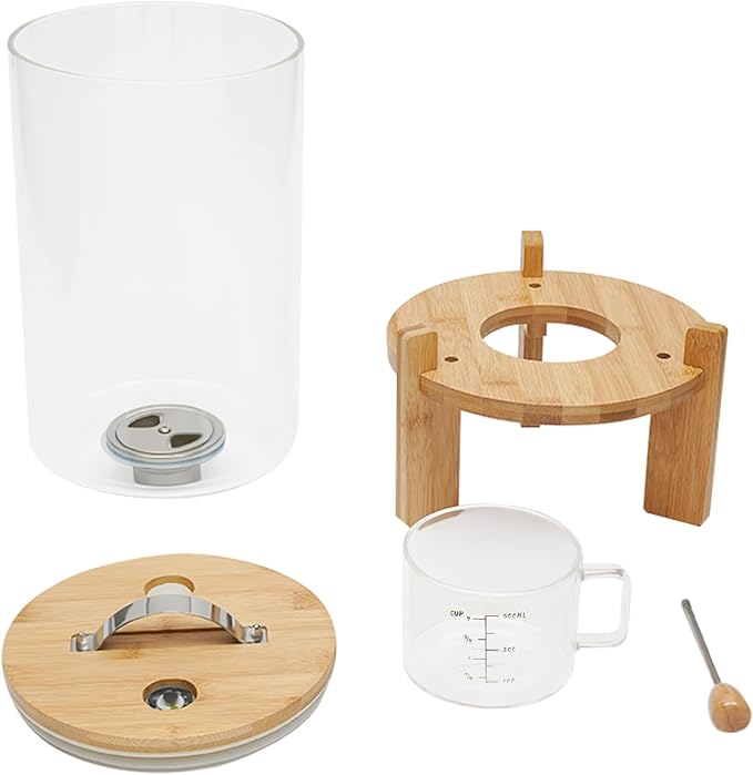 7.5L Glass Rice Dispenser with Bamboo Stand, 8-14 Lbs Cereal Container with Glass Measuring Cup,Large Airtight Food Organization Storage Bin for Grain, Coffee Bean, Dry Food