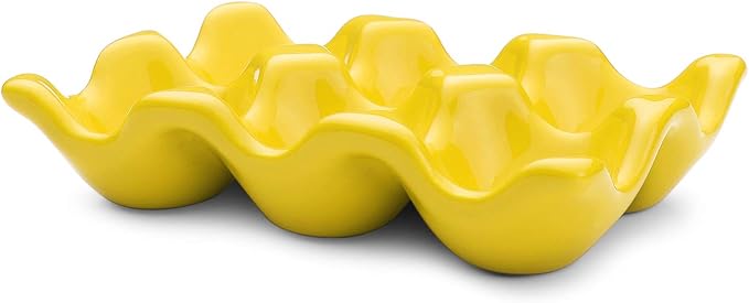 Flexzion Ceramic Egg Holder for Fridge - 6 Cups Egg Tray Half Dozen Porcelain Container Keeper Storage Organizer Decorative Serving Dish Serveware for Refrigerator Countertop Display Kitchen (Yellow)