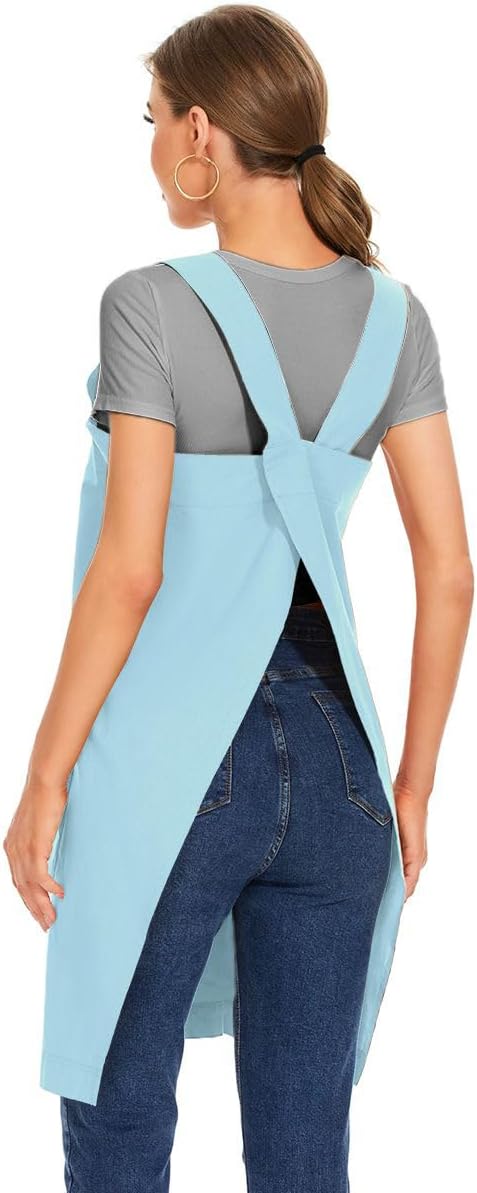 Larmliss Women's Cotton Cross Back Apron Pinafore Dress with Big Pockets Loose Square Apron for Baking Cooking Gardening
