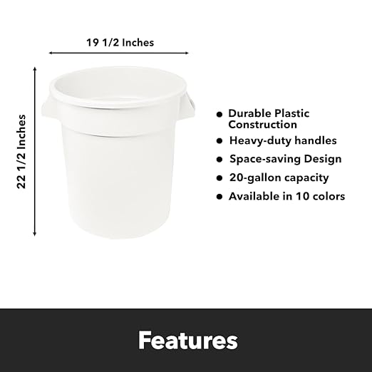 Feed and Seed Storage Container, 20 Gallon White Round Commercial Trash Can/Ingredient Bin, Food Storage Plastic Bin, Use in Agricultural, Gardening, or Household