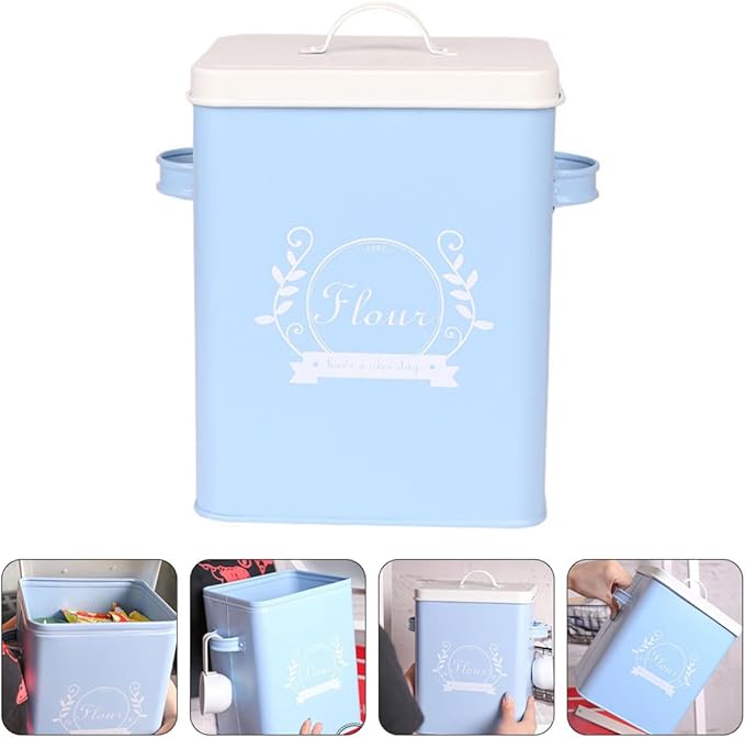 Rice Storage Container Iron Grain Box with Lid, Blue Metal Kitchen Organizer for Rice, Bread, Snacks – Food Storage Bin for Pantry and Home Use,
