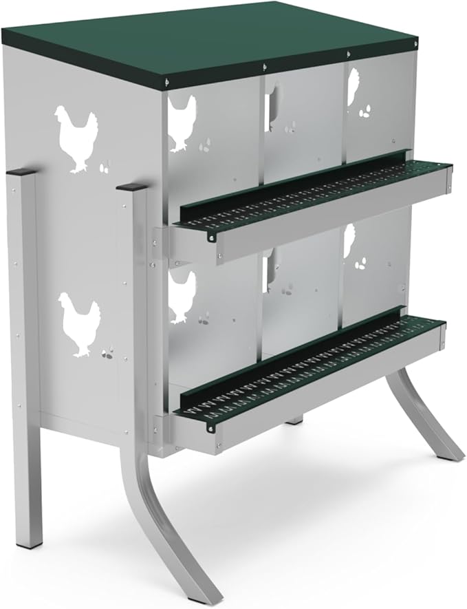 Upgrade 6 Compartment Chicken Nesting Box with Pre-Installed Nuts & Elevated Metal Legs - Easy Assembly, Heavy Duty Roll Away Egg Collection, Secure Lid & Perch for Chickens, Hens, Ducks