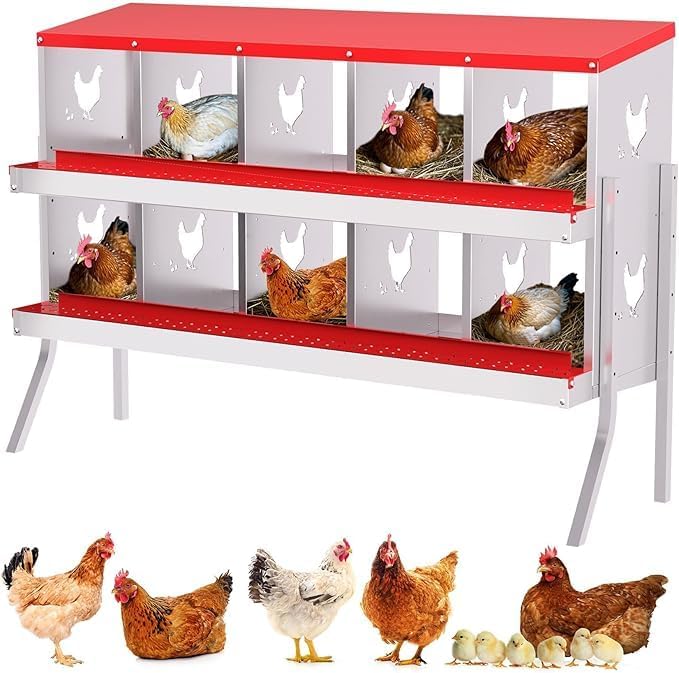 Chicken Nest Box, 10-Compartment Egg-Laying Box, Metal Hen House, Convenient for Collecting Eggs - Ventilated Poultry House Equipment - Suitable for Hens, Ducks Red,with Stand