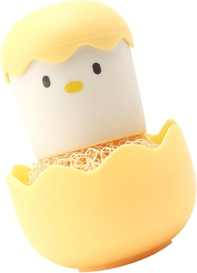 Eggshell Chicken Cleaning Brush Cartoon Kitchen Scrubber Fiber Ball Head Detachable Handle for Bowls Pots Dishwashing (Yellow)