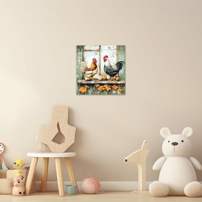 CCWORKERRY Chicken Kitchen Pictures Wall Art Rooster and Eggs Canvas Prints Farm Animals Wall Decor for Farmhouse Dining Room Decor Framed(Green,16" x 16")